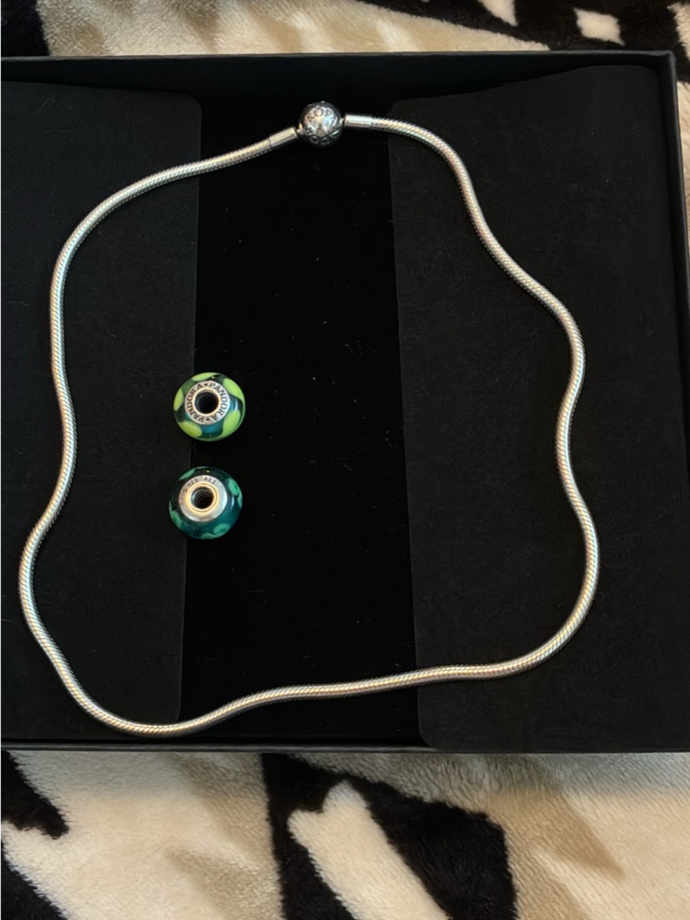 Pandora Silver Snake Chain Necklace with Green Beads. 16 inch. Only worn one.